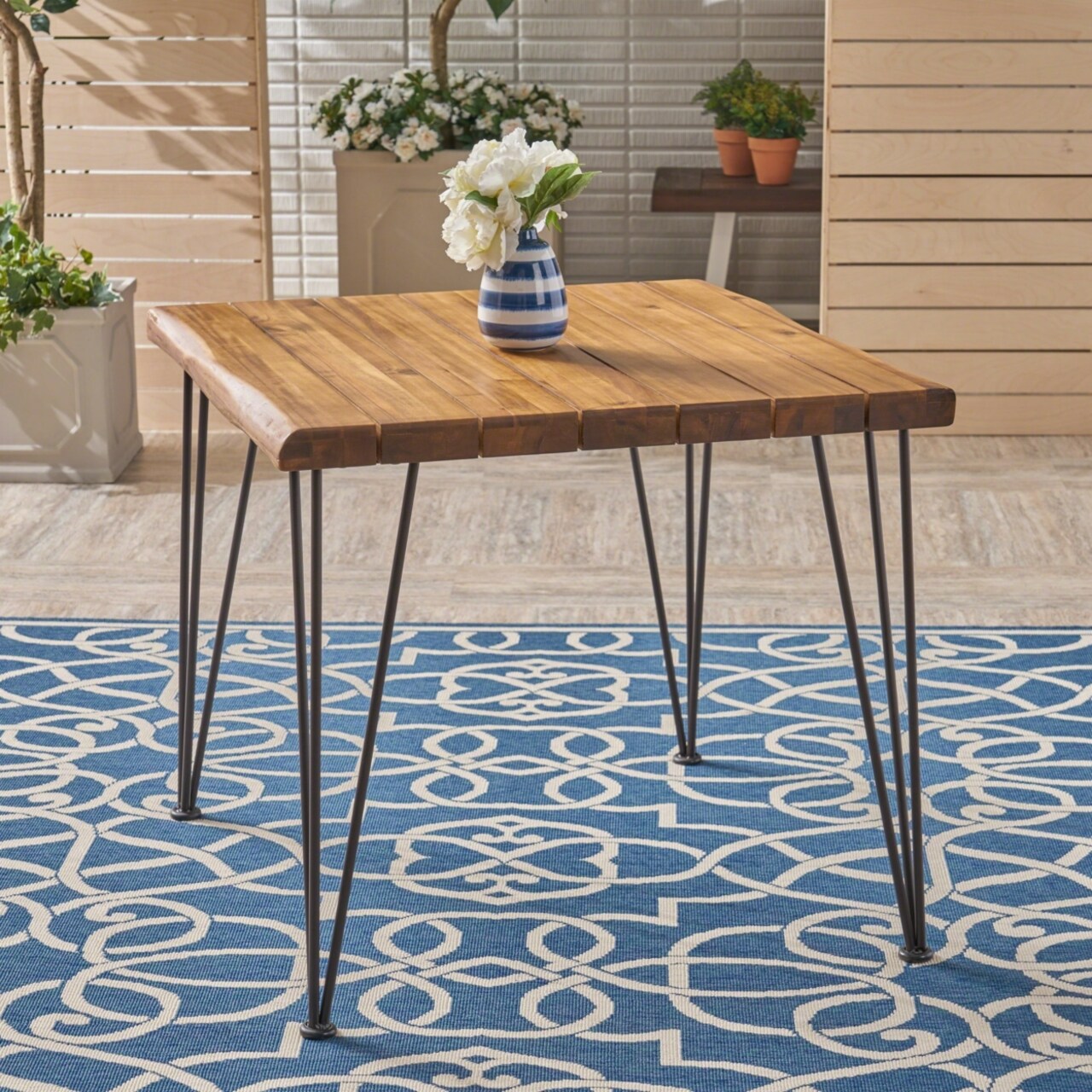 GDFStudio Clark Outdoor Rustic Industrial Acacia Wood Dining Table with Metal Hairpin Legs